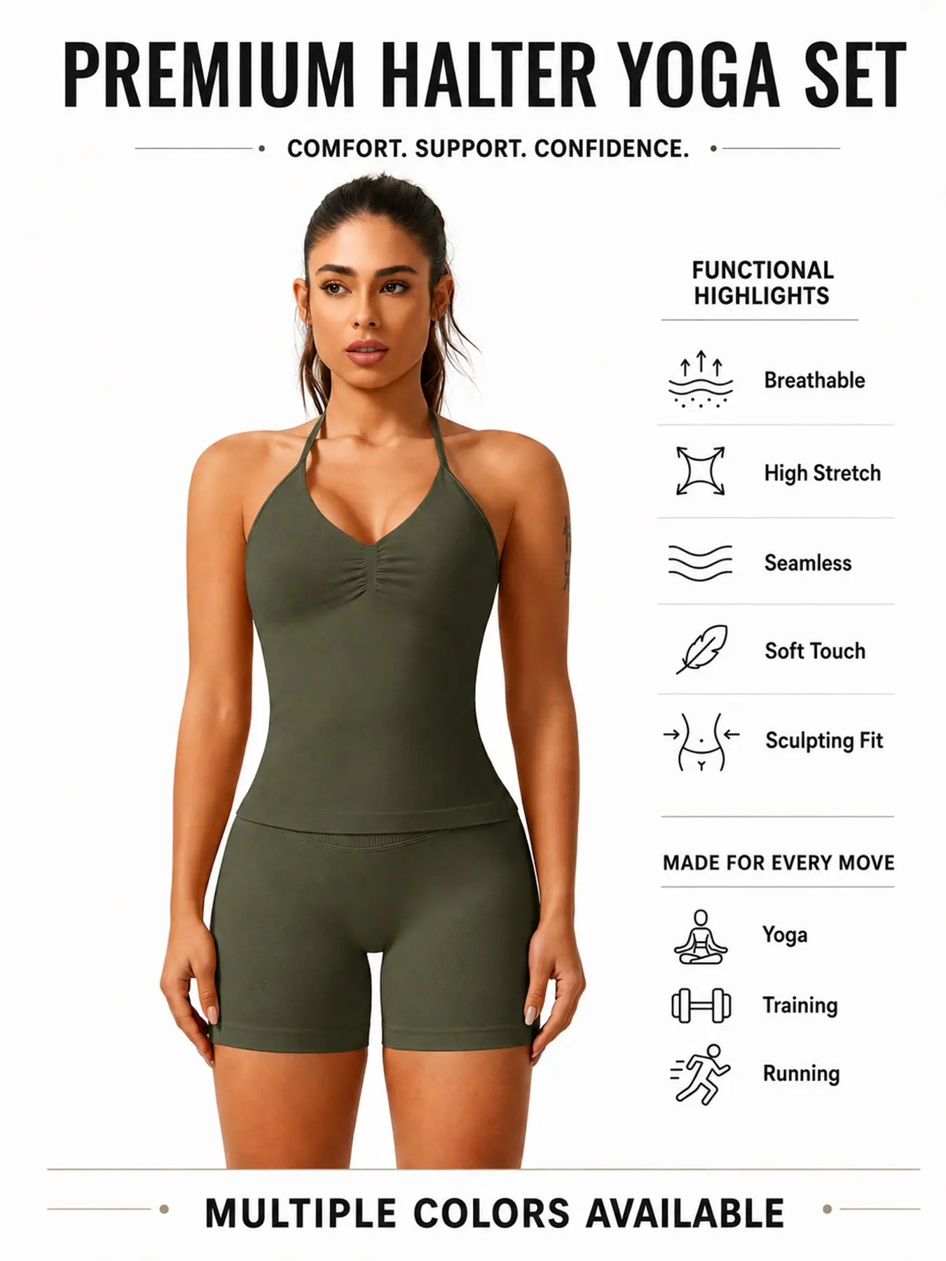Women'S Solid Ruched Design Backless Halter Top & High Waist Shorts Tracksuit Set, Sporty Breathable Comfortable Two-Piece Outfits for Yoga Gym Workout Running
