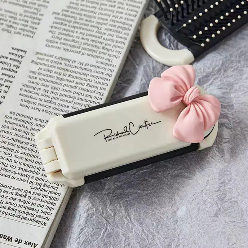 2-Piece Portable Folding Hair Brush Set with Mirror - Compact Anti-Static Mini Airbag Comb for Travel