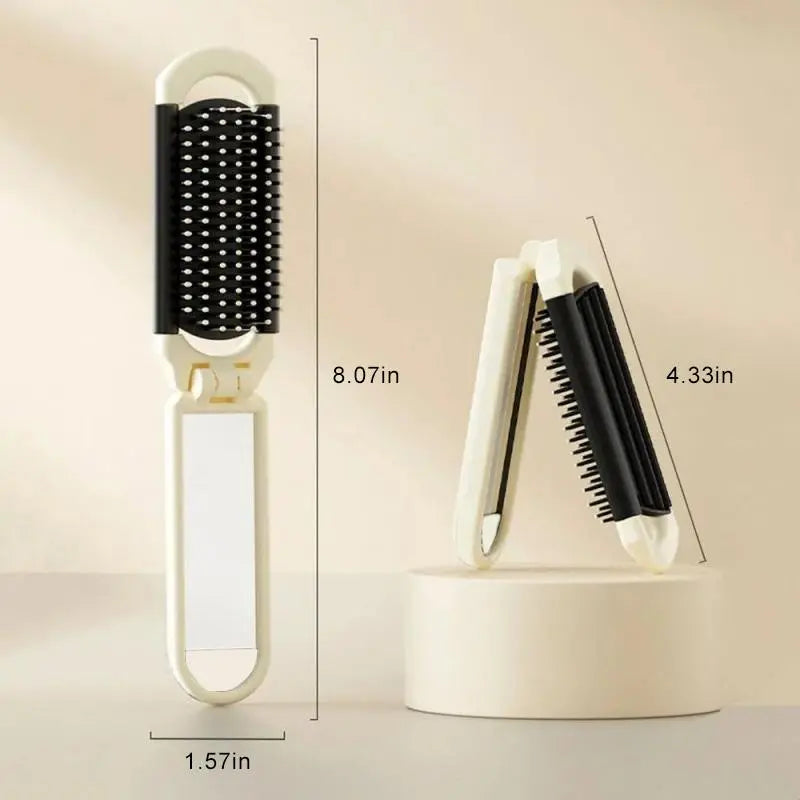 2-Piece Portable Folding Hair Brush Set with Mirror - Compact Anti-Static Mini Airbag Comb for Travel