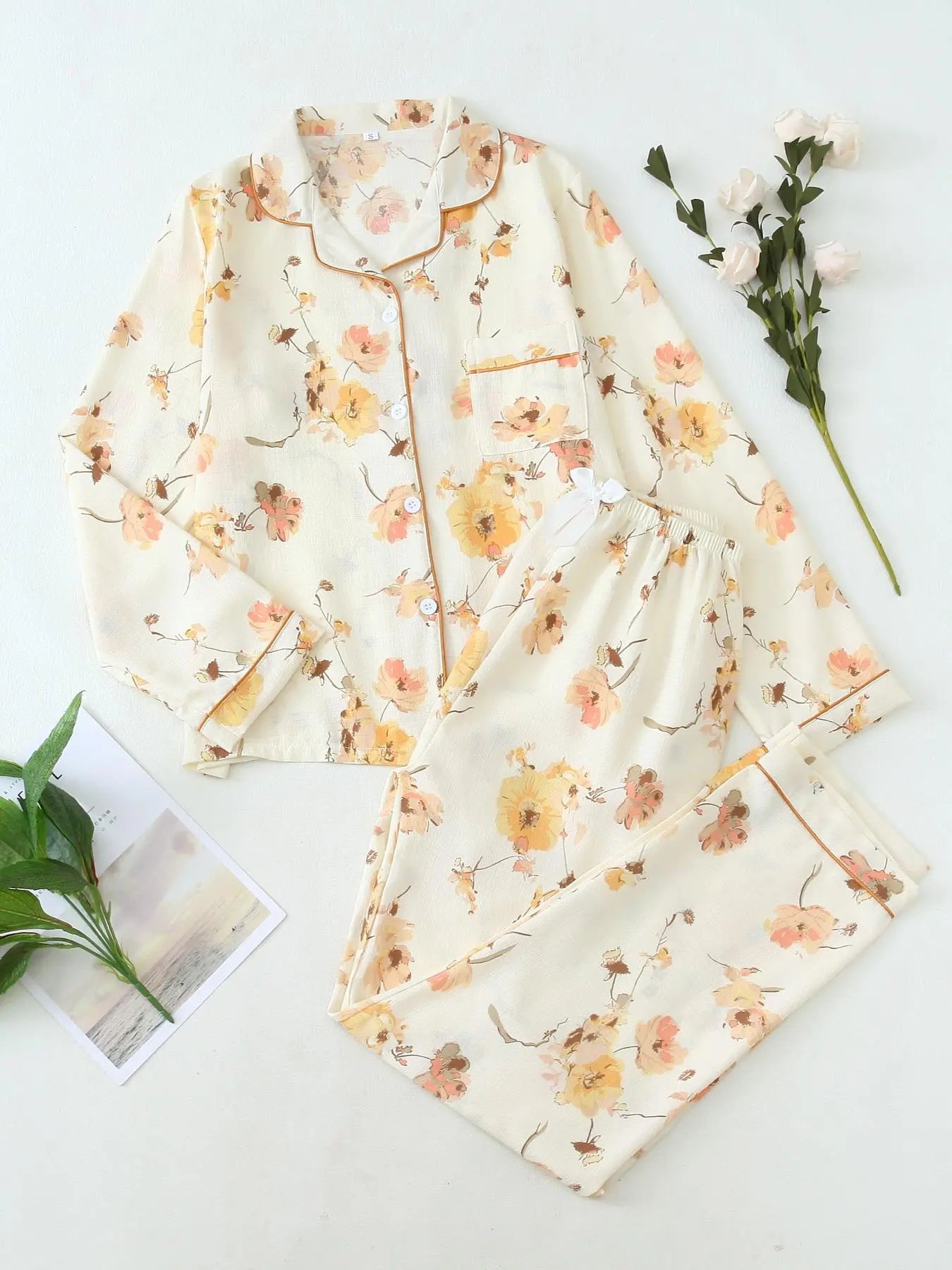 Women'S Button Front Blouse & Bow Front Contrast Binding Pants Pyjama Set, Casual Long Sleeve Lapel Top & Trousers, Summer Outfits 2024, Sleepwear for Spring & Fall, National Day Offers
