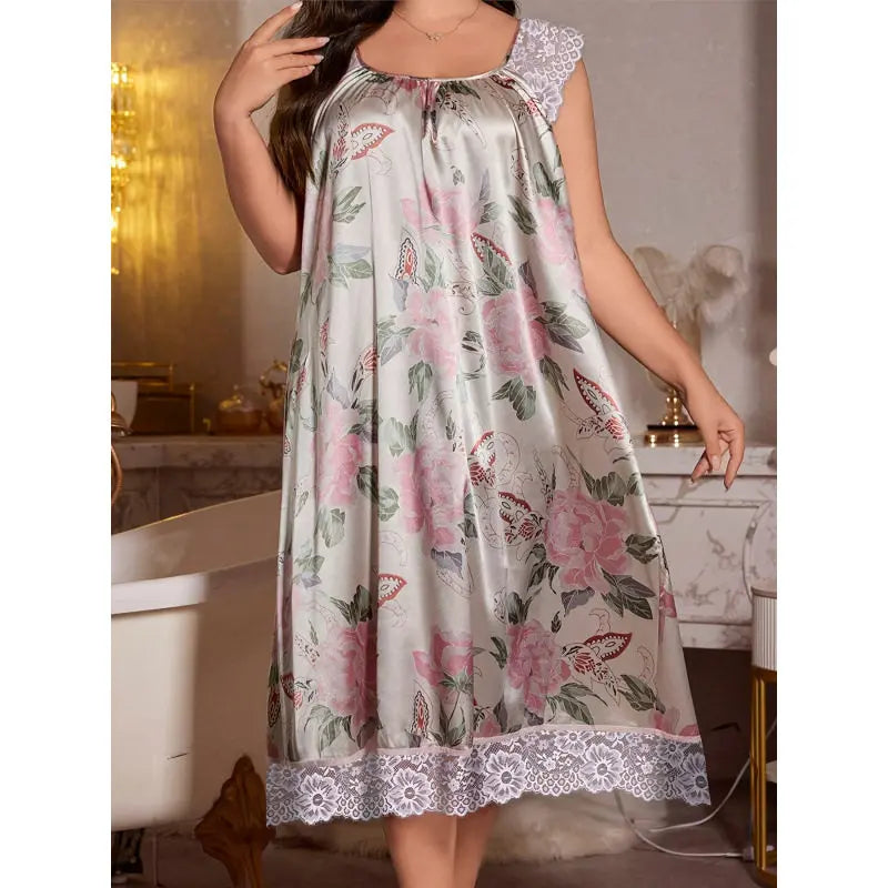 Elegant Plus Size Women's Summer Lace Patchwork V-Neck Nightgown and Home Wear