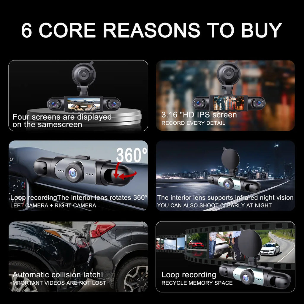 BCUOZ 4-Channel Dash Cam - 1080P Full HD Front and 720P Rear Coverage, Night Vision, G-Sensor, Includes 64GB Memory Card, Car Dashboard Camera with 24-Hour Parking Mode