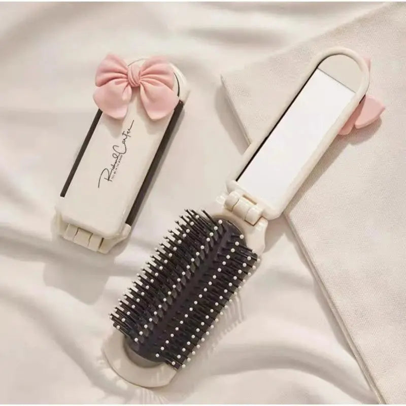 2-Piece Portable Folding Hair Brush Set with Mirror - Compact Anti-Static Mini Airbag Comb for Travel