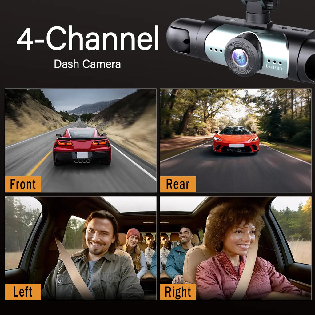 BCUOZ 4-Channel Dash Cam - 1080P Full HD Front and 720P Rear Coverage, Night Vision, G-Sensor, Includes 64GB Memory Card, Car Dashboard Camera with 24-Hour Parking Mode