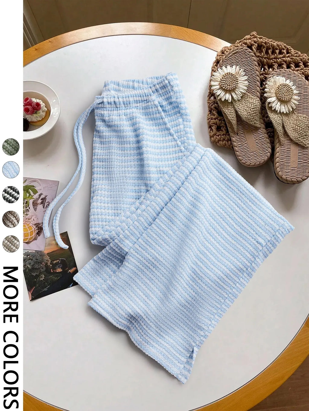 Women'S Summer Knitted Striped Drawstring Pocket Casual Loose Fit Wide Leg Pants, Perfect for Daily Wear and Vacations
