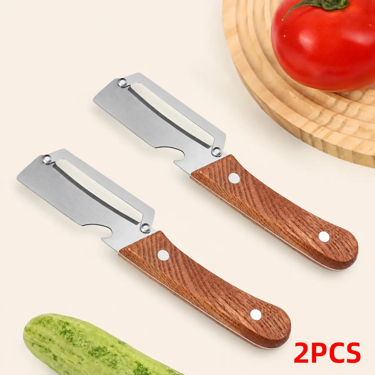2PCS Wooden-Handled Vegetable & Fruit Peeler - Stainless Steel Blade with Built-In Bottle Opener, Ergonomic Kitchen Tool