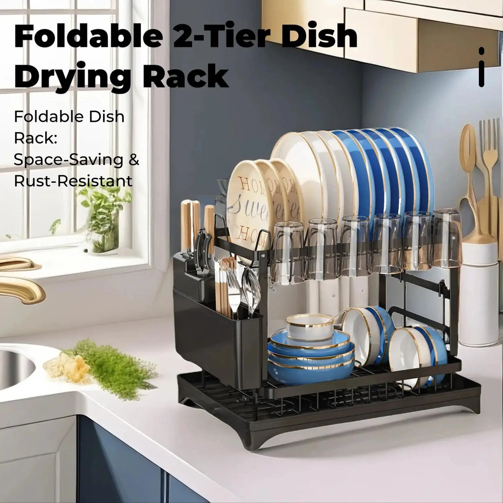 Dish Drying Rack, 1 Count 2-Tier Dish Rack with Drainboard, Dish Drainer Rack, 2-Layer Foldable Tableware Drain Storage Rack, Kitchen Accessories, Home Decor