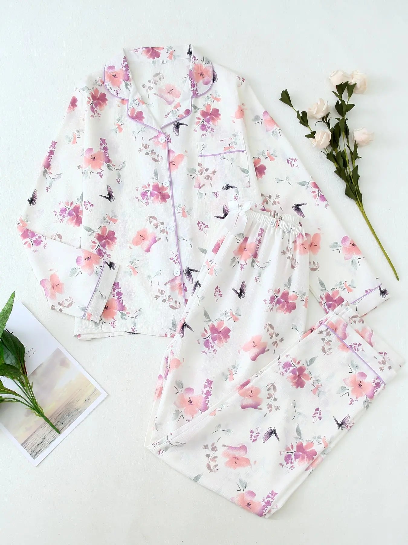 Women'S Button Front Blouse & Bow Front Contrast Binding Pants Pyjama Set, Casual Long Sleeve Lapel Top & Trousers, Summer Outfits 2024, Sleepwear for Spring & Fall, National Day Offers