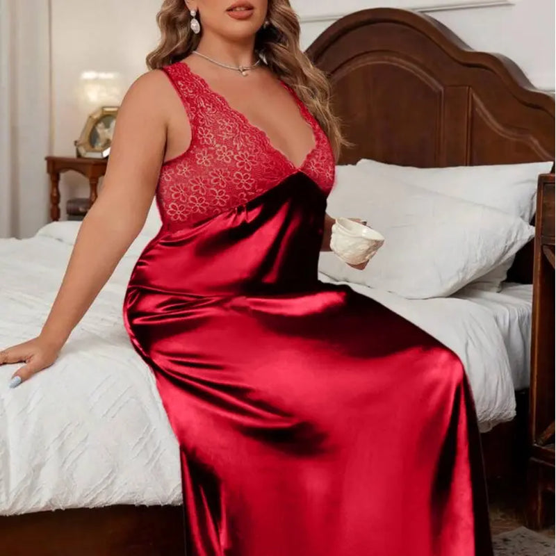 Elegant Plus Size Women's Summer Lace Patchwork V-Neck Nightgown and Home Wear