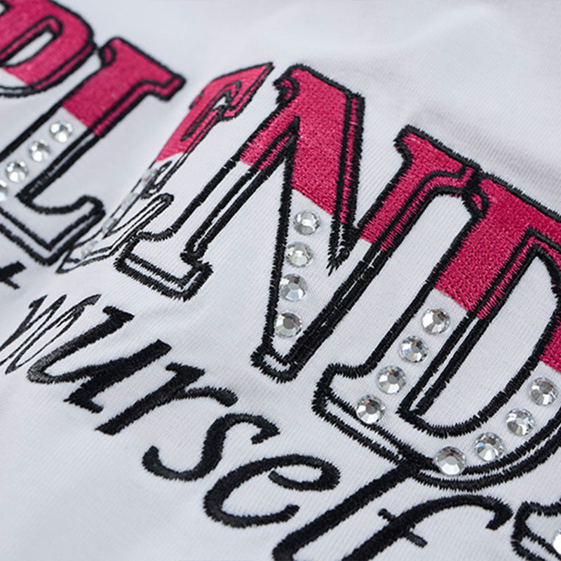 Color blocking rhinestone letter embroidery short sleeved t-shirt