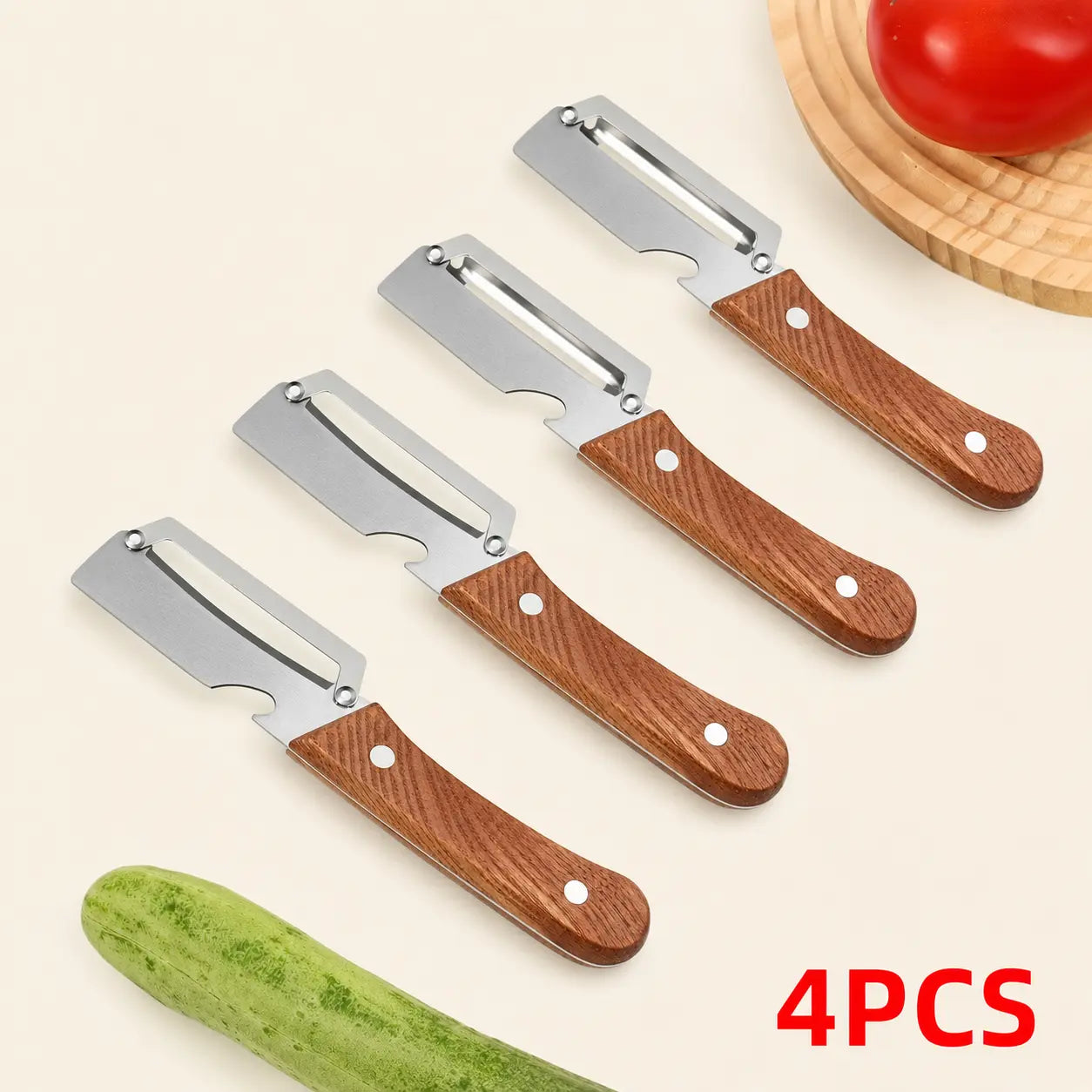 2PCS Wooden-Handled Vegetable & Fruit Peeler - Stainless Steel Blade with Built-In Bottle Opener, Ergonomic Kitchen Tool
