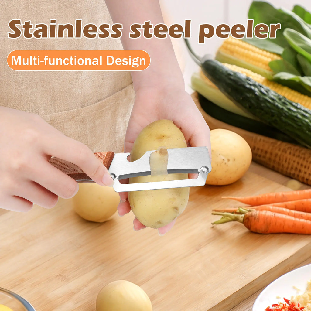 2PCS Wooden-Handled Vegetable & Fruit Peeler - Stainless Steel Blade with Built-In Bottle Opener, Ergonomic Kitchen Tool