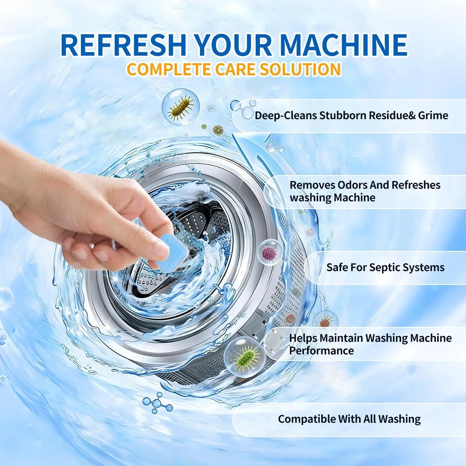 Washing Machine Cleaner Tablets - 12 Pack, Deep Cleaning Solution for HE Front Loader and Top Load Washers, Drum and Laundry Tub Seal Maintenance - 1 Year Supply