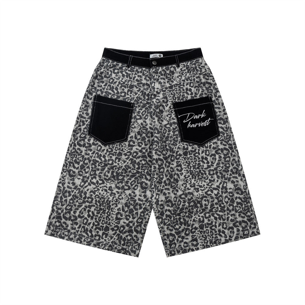 Leopard print denim shorts