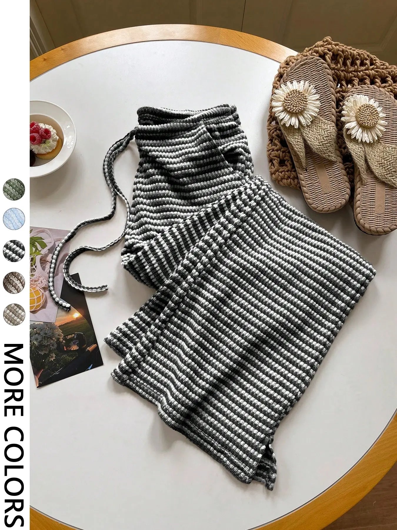 Women'S Summer Knitted Striped Drawstring Pocket Casual Loose Fit Wide Leg Pants, Perfect for Daily Wear and Vacations