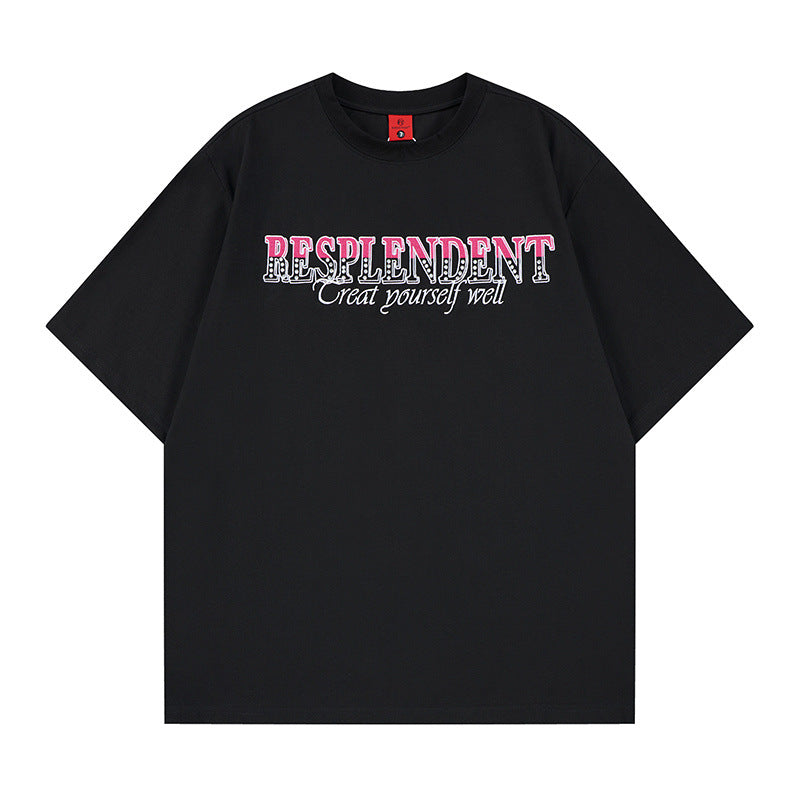 Color blocking rhinestone letter embroidery short sleeved t-shirt