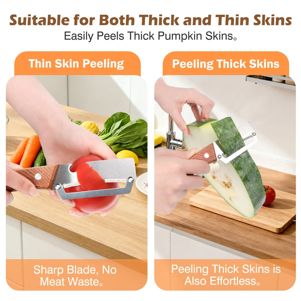 2PCS Wooden-Handled Vegetable & Fruit Peeler - Stainless Steel Blade with Built-In Bottle Opener, Ergonomic Kitchen Tool