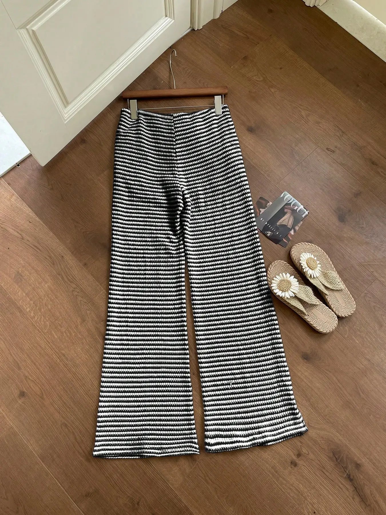 Women'S Summer Knitted Striped Drawstring Pocket Casual Loose Fit Wide Leg Pants, Perfect for Daily Wear and Vacations