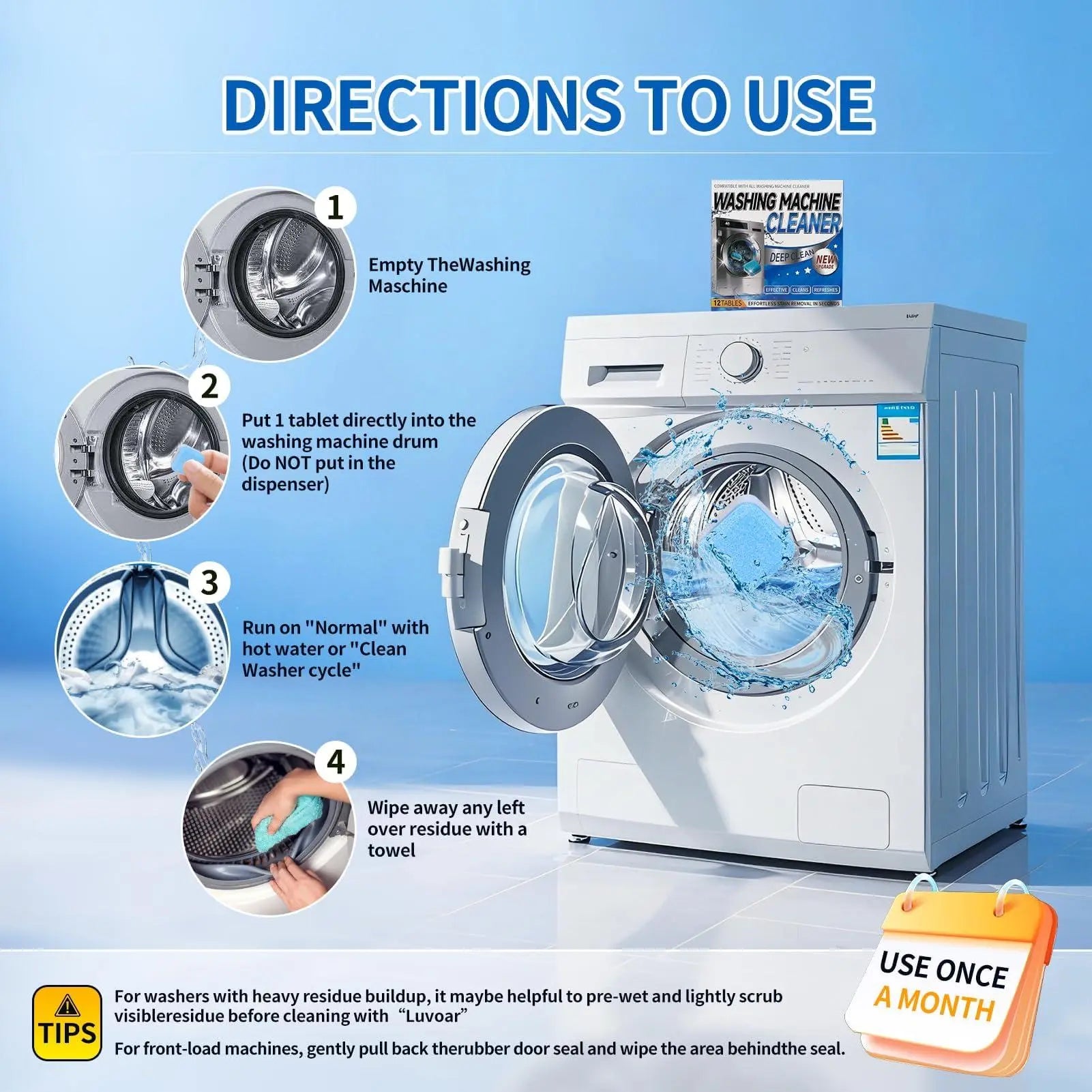 Washing Machine Cleaner Tablets - 12 Pack, Deep Cleaning Solution for HE Front Loader and Top Load Washers, Drum and Laundry Tub Seal Maintenance - 1 Year Supply