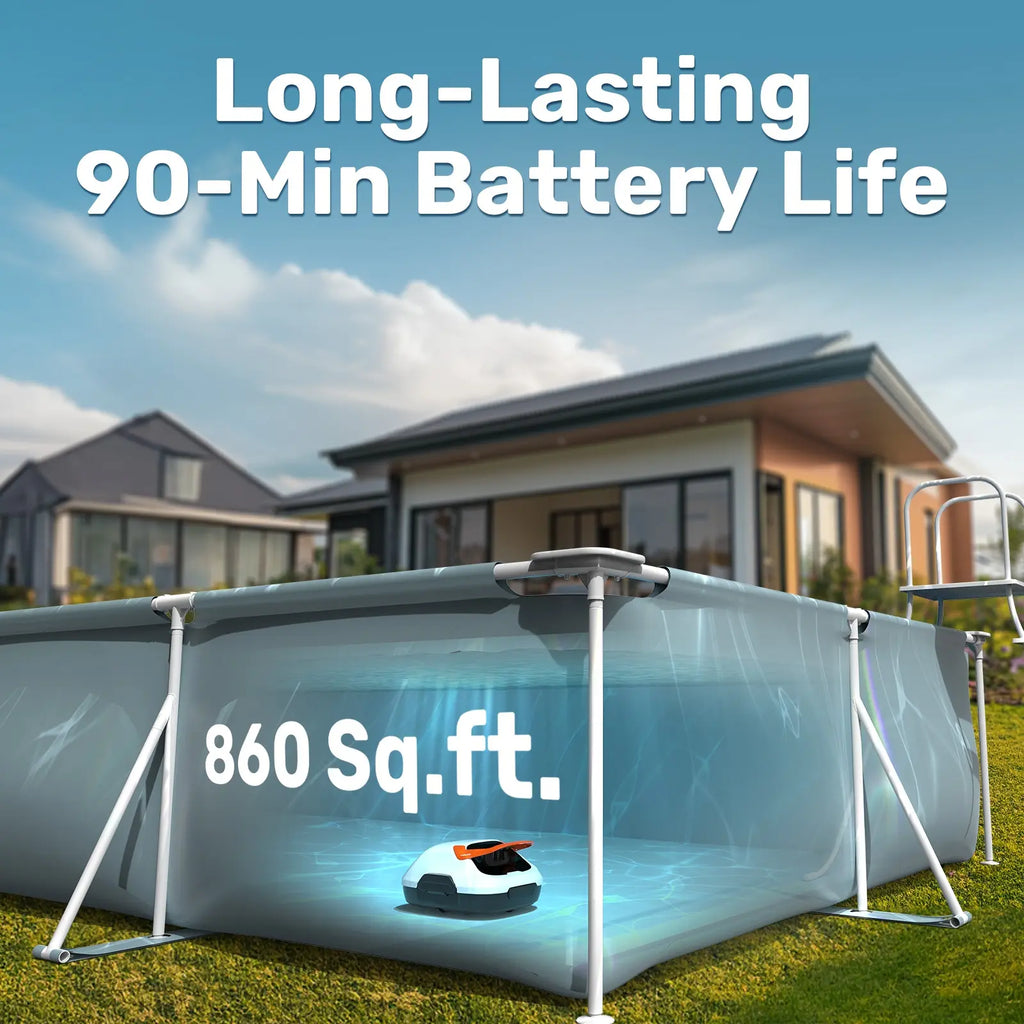 Cordless Flat Bottom Robotic Pool Cleaner - 90-Minute Runtime, Automatic Vacuum for Above-Ground Pools up to 860 Sq.Ft, Portable and Self-Parking