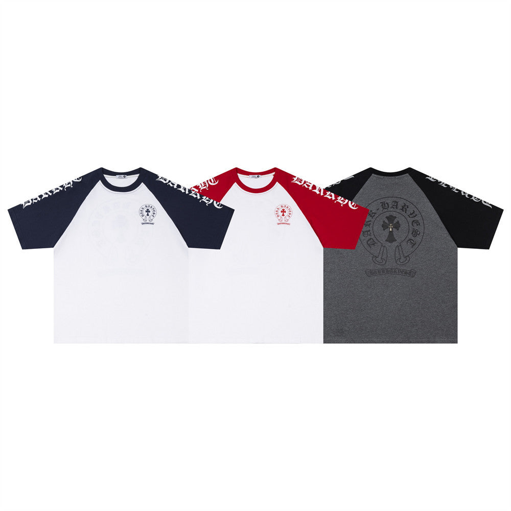 Color blocked patchwork shoulder short sleeved t-shirt