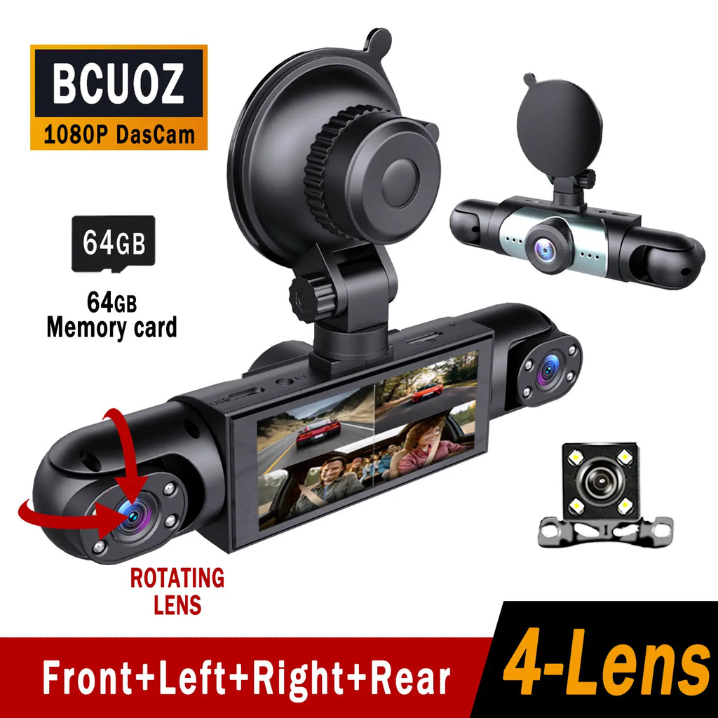 BCUOZ 4-Channel Dash Cam - 1080P Full HD Front and 720P Rear Coverage, Night Vision, G-Sensor, Includes 64GB Memory Card, Car Dashboard Camera with 24-Hour Parking Mode