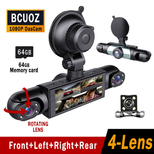 BCUOZ 4-Channel Dash Cam - 1080P Full HD Front and 720P Rear Coverage, Night Vision, G-Sensor, Includes 64GB Memory Card, Car Dashboard Camera with 24-Hour Parking Mode