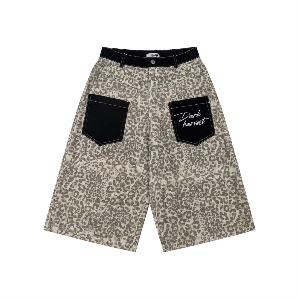 Leopard print denim shorts