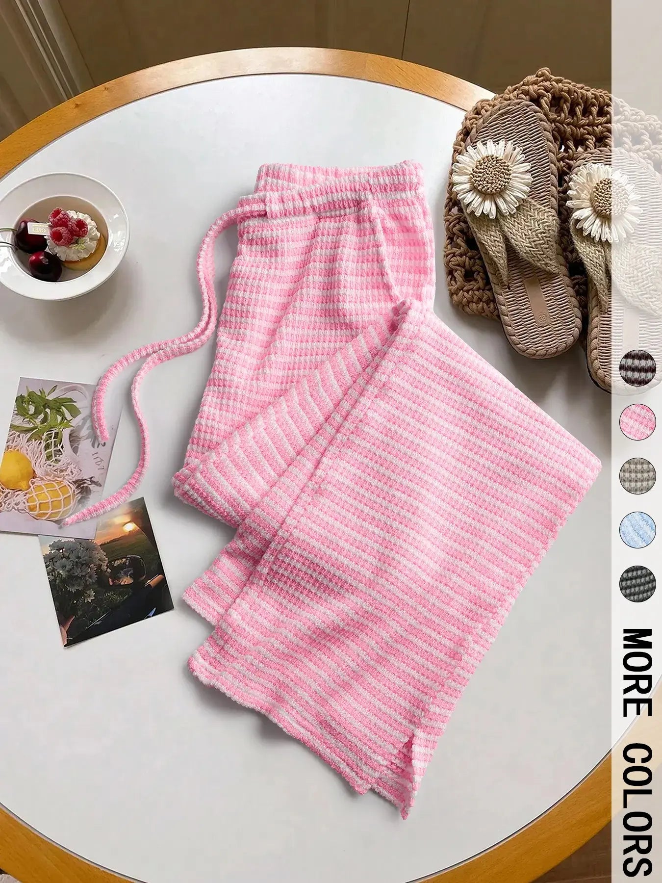 Women'S Summer Knitted Striped Drawstring Pocket Casual Loose Fit Wide Leg Pants, Perfect for Daily Wear and Vacations