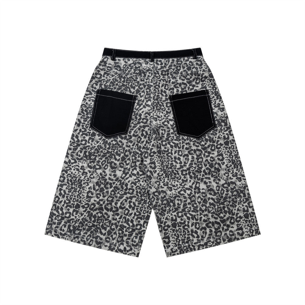 Leopard print denim shorts