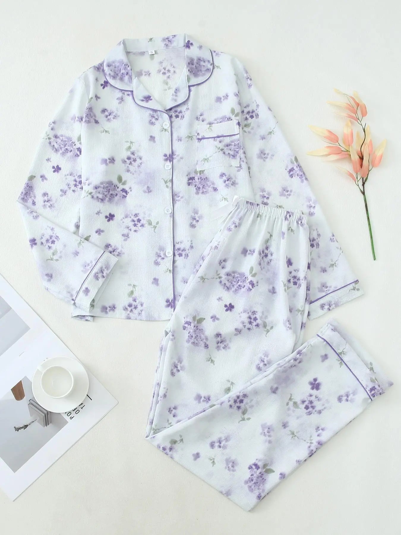 Women'S Button Front Blouse & Bow Front Contrast Binding Pants Pyjama Set, Casual Long Sleeve Lapel Top & Trousers, Summer Outfits 2024, Sleepwear for Spring & Fall, National Day Offers