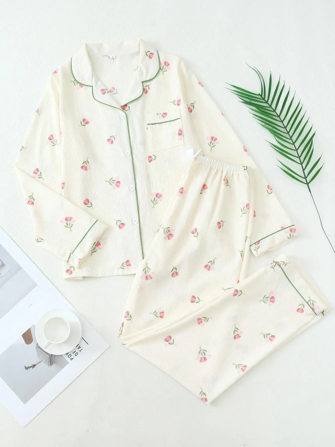Women'S Button Front Blouse & Bow Front Contrast Binding Pants Pyjama Set, Casual Long Sleeve Lapel Top & Trousers, Summer Outfits 2024, Sleepwear for Spring & Fall, National Day Offers