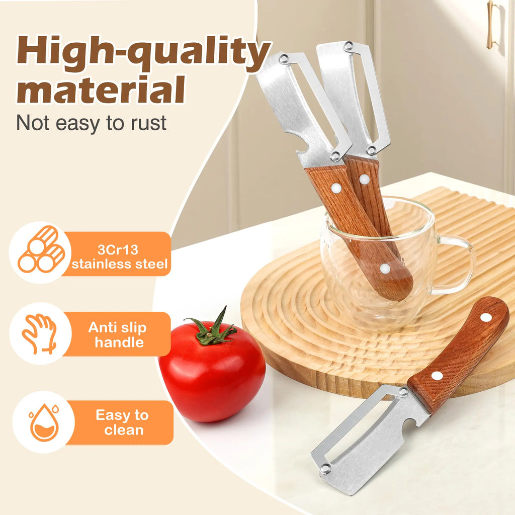 2PCS Wooden-Handled Vegetable & Fruit Peeler - Stainless Steel Blade with Built-In Bottle Opener, Ergonomic Kitchen Tool