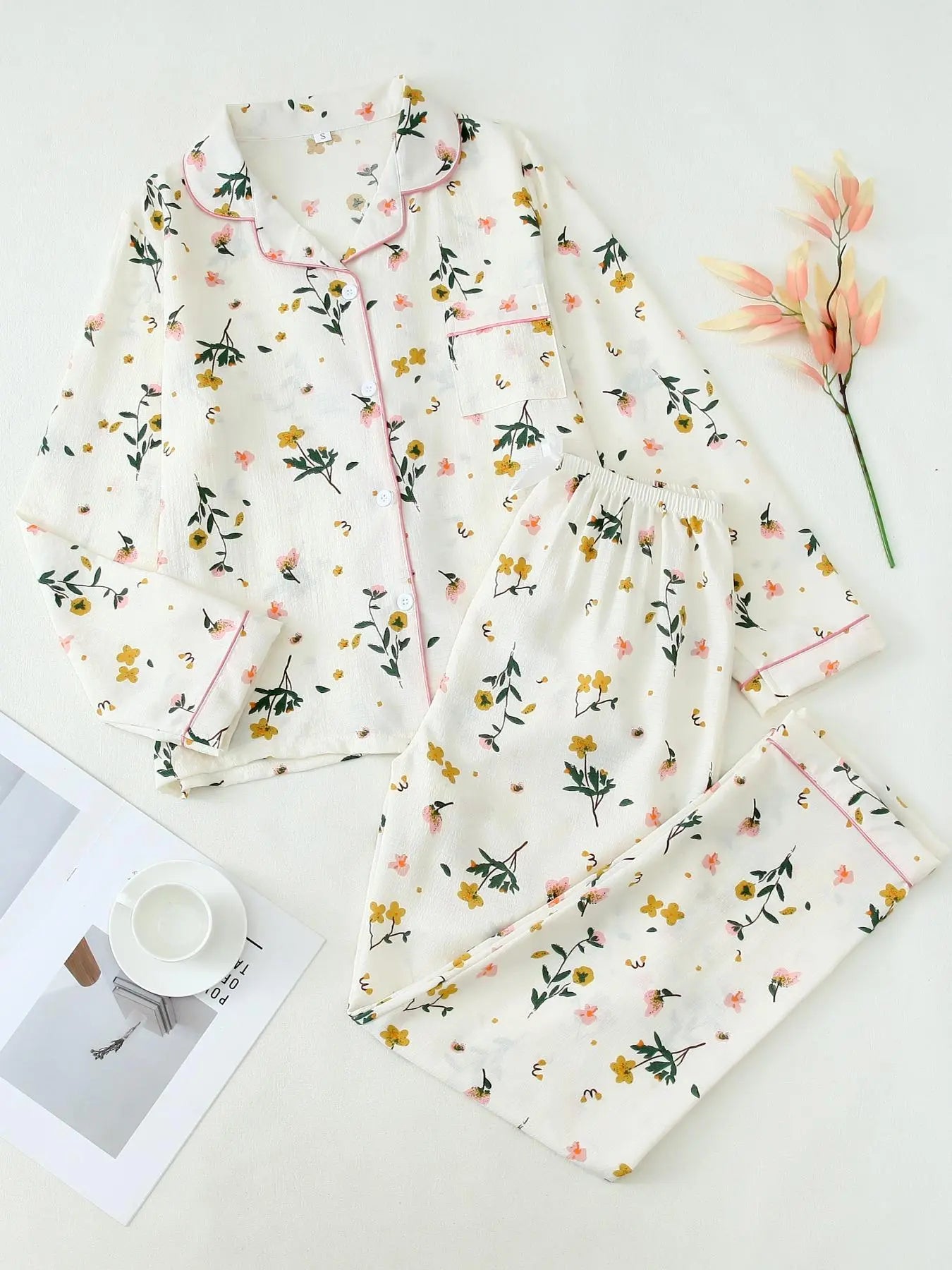 Women'S Button Front Blouse & Bow Front Contrast Binding Pants Pyjama Set, Casual Long Sleeve Lapel Top & Trousers, Summer Outfits 2024, Sleepwear for Spring & Fall, National Day Offers