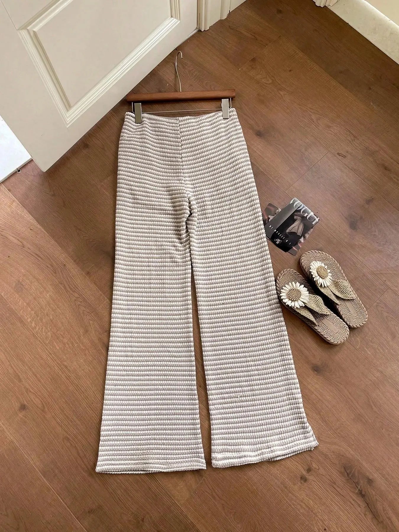 Women'S Summer Knitted Striped Drawstring Pocket Casual Loose Fit Wide Leg Pants, Perfect for Daily Wear and Vacations