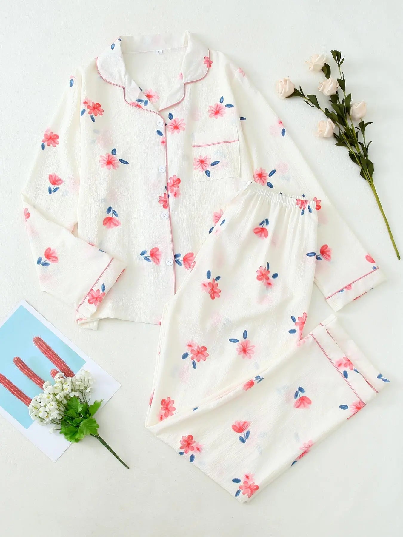 Women'S Button Front Blouse & Bow Front Contrast Binding Pants Pyjama Set, Casual Long Sleeve Lapel Top & Trousers, Summer Outfits 2024, Sleepwear for Spring & Fall, National Day Offers