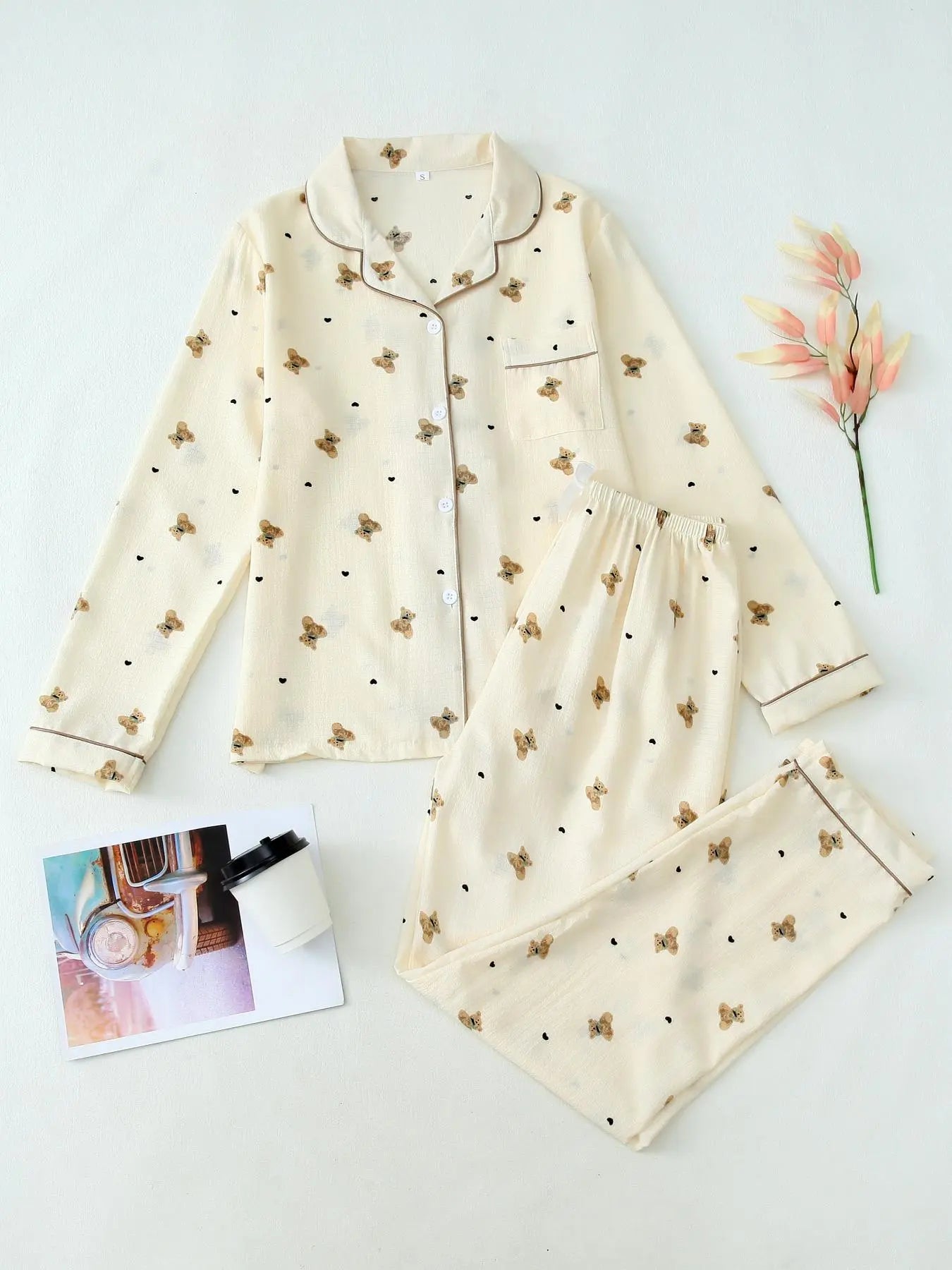 Women'S Button Front Blouse & Bow Front Contrast Binding Pants Pyjama Set, Casual Long Sleeve Lapel Top & Trousers, Summer Outfits 2024, Sleepwear for Spring & Fall, National Day Offers