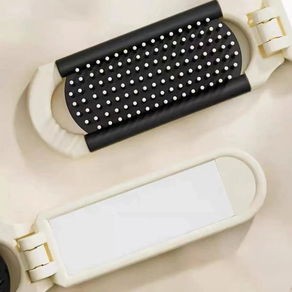 2-Piece Portable Folding Hair Brush Set with Mirror - Compact Anti-Static Mini Airbag Comb for Travel