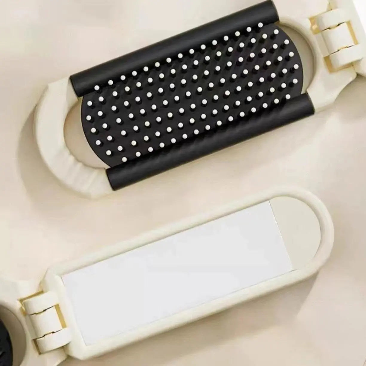 2-Piece Portable Folding Hair Brush Set with Mirror - Compact Anti-Static Mini Airbag Comb for Travel