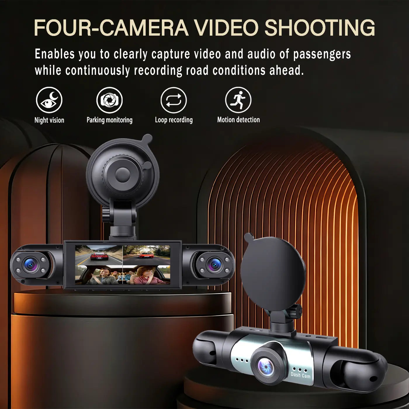 BCUOZ 4-Channel Dash Cam - 1080P Full HD Front and 720P Rear Coverage, Night Vision, G-Sensor, Includes 64GB Memory Card, Car Dashboard Camera with 24-Hour Parking Mode