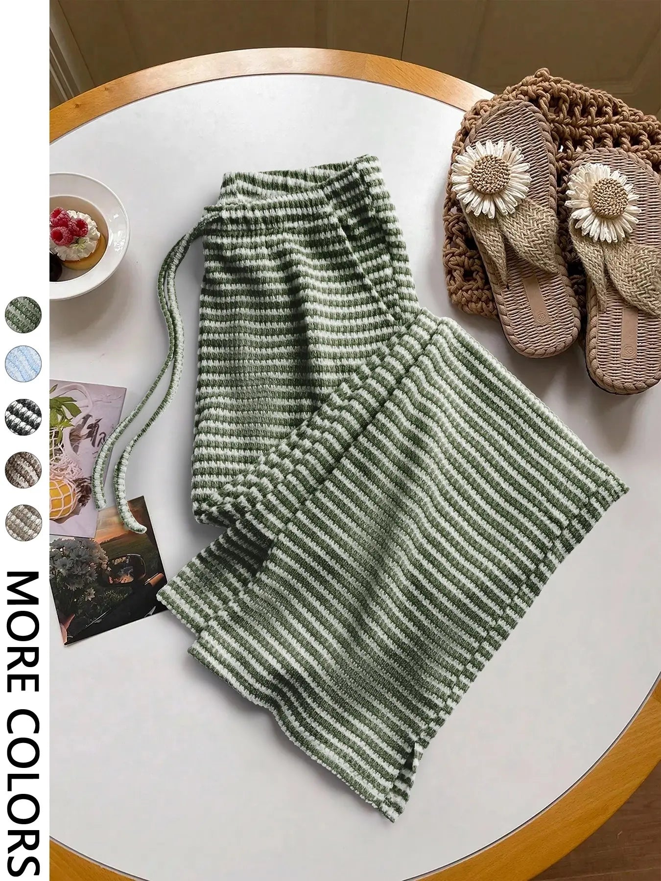 Women'S Summer Knitted Striped Drawstring Pocket Casual Loose Fit Wide Leg Pants, Perfect for Daily Wear and Vacations