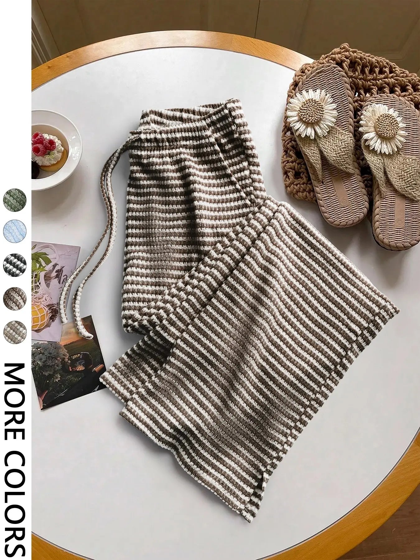Women'S Summer Knitted Striped Drawstring Pocket Casual Loose Fit Wide Leg Pants, Perfect for Daily Wear and Vacations