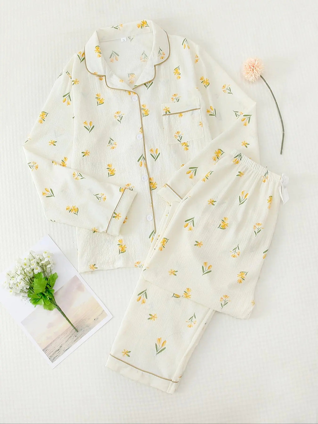 Women'S Button Front Blouse & Bow Front Contrast Binding Pants Pyjama Set, Casual Long Sleeve Lapel Top & Trousers, Summer Outfits 2024, Sleepwear for Spring & Fall, National Day Offers