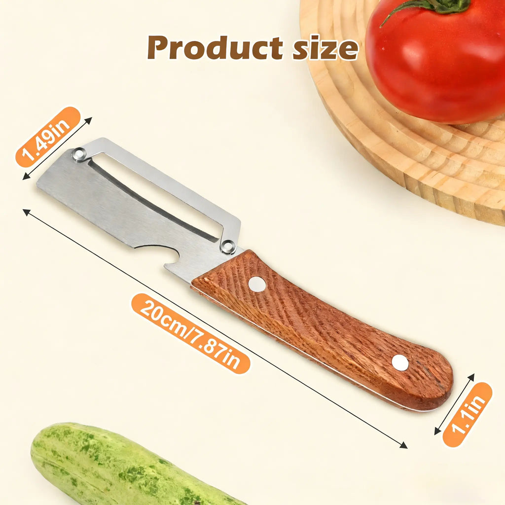 2PCS Wooden-Handled Vegetable & Fruit Peeler - Stainless Steel Blade with Built-In Bottle Opener, Ergonomic Kitchen Tool