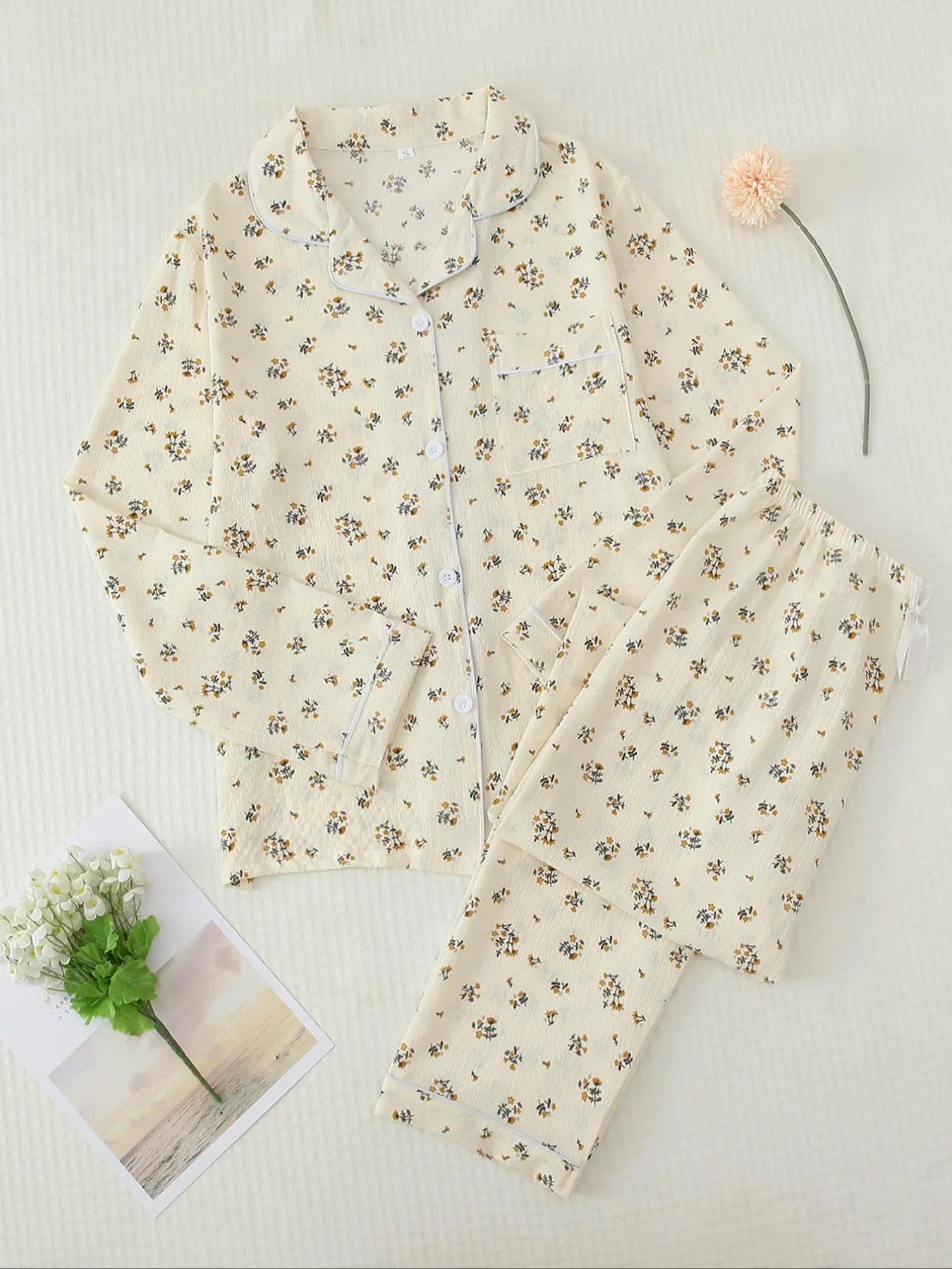 Women'S Button Front Blouse & Bow Front Contrast Binding Pants Pyjama Set, Casual Long Sleeve Lapel Top & Trousers, Summer Outfits 2024, Sleepwear for Spring & Fall, National Day Offers