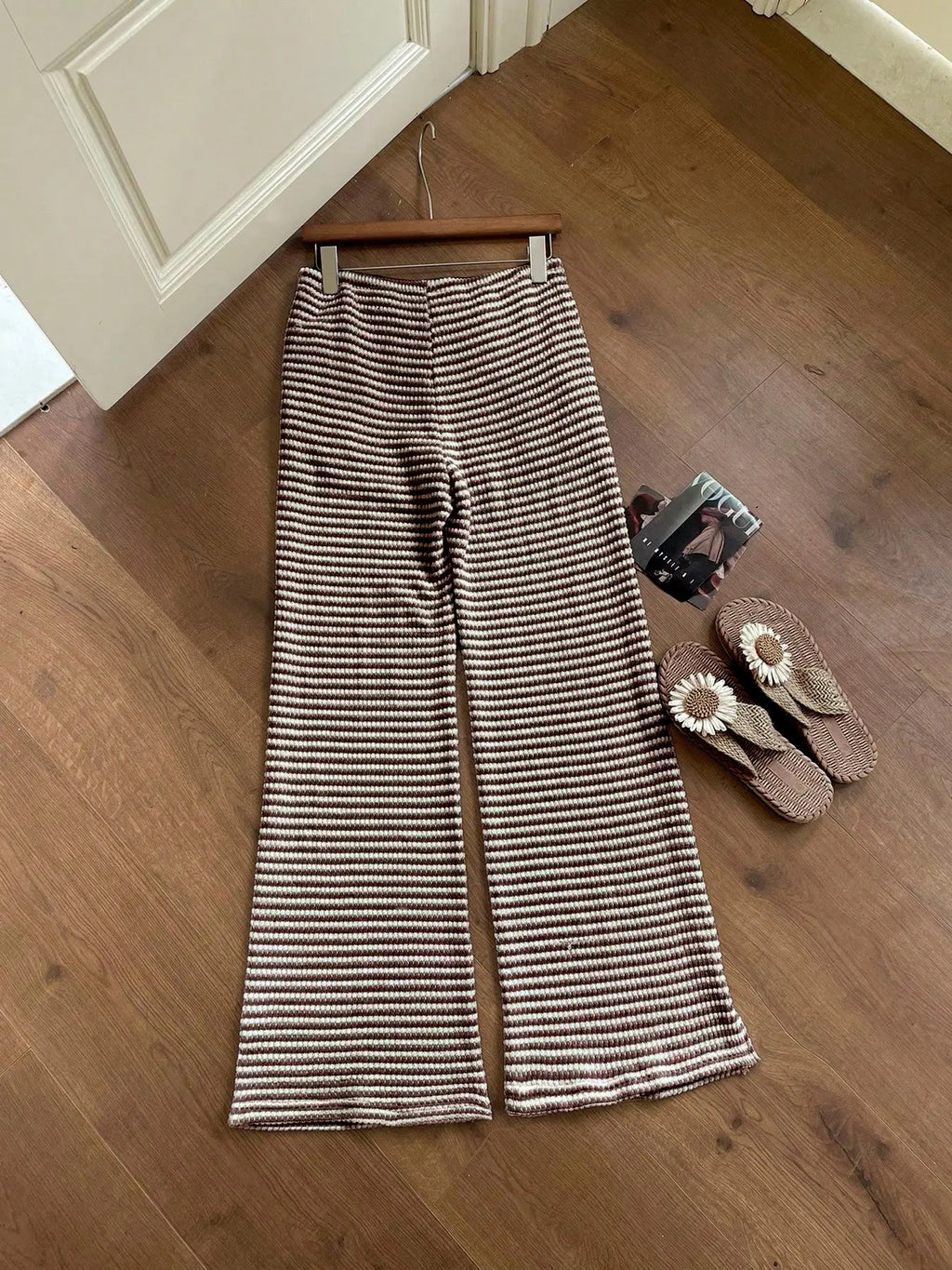 Women'S Summer Knitted Striped Drawstring Pocket Casual Loose Fit Wide Leg Pants, Perfect for Daily Wear and Vacations