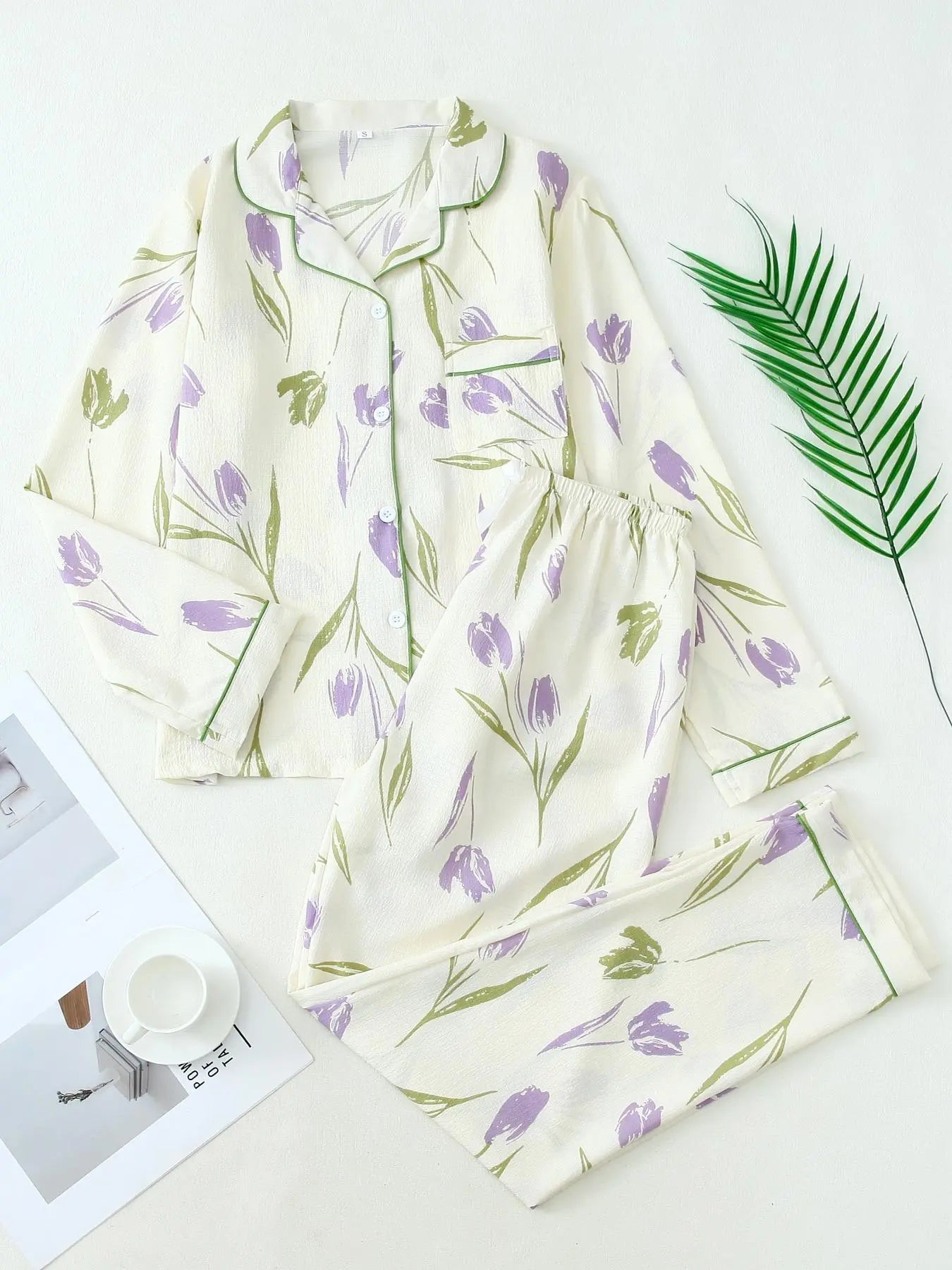 Women'S Button Front Blouse & Bow Front Contrast Binding Pants Pyjama Set, Casual Long Sleeve Lapel Top & Trousers, Summer Outfits 2024, Sleepwear for Spring & Fall, National Day Offers