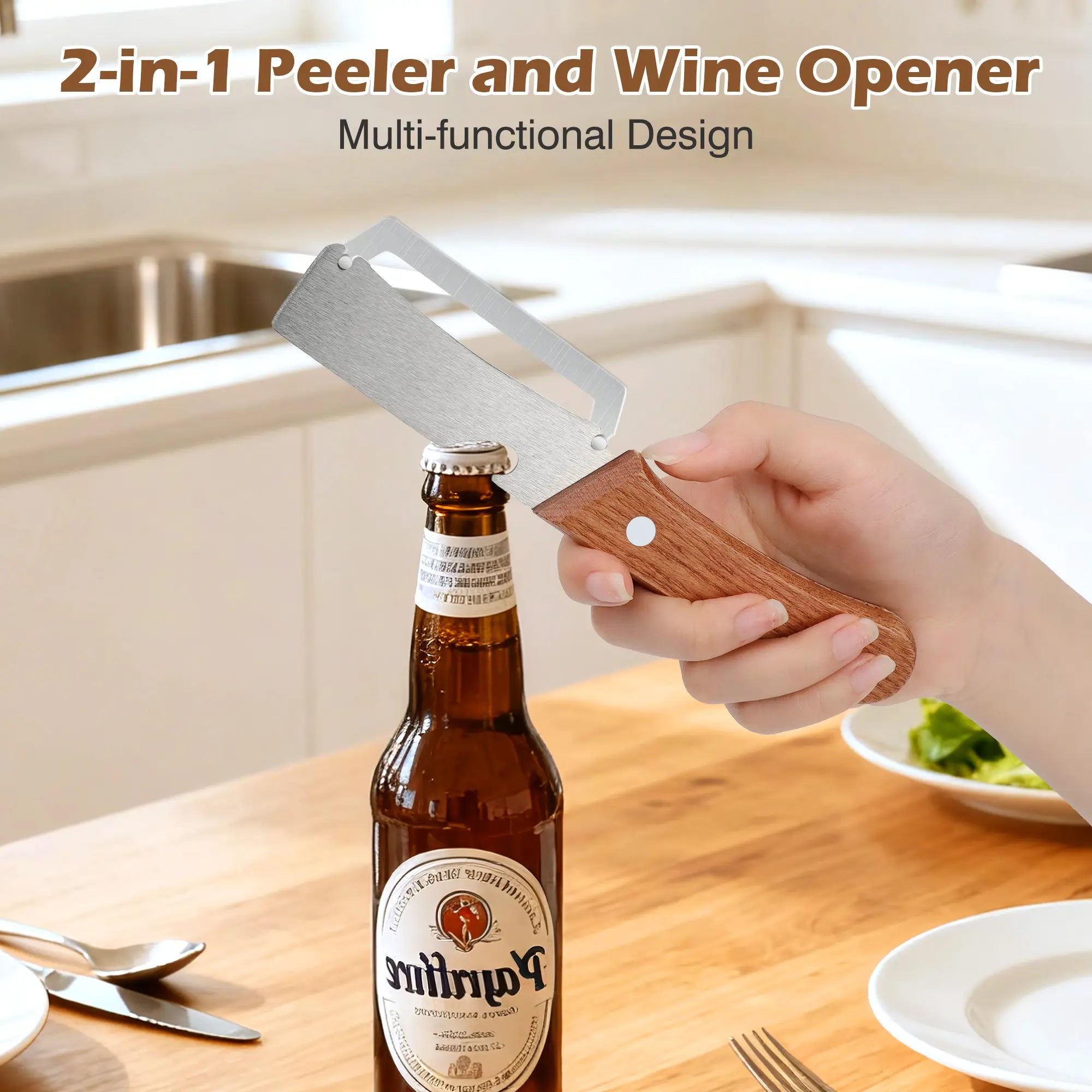 2PCS Wooden-Handled Vegetable & Fruit Peeler - Stainless Steel Blade with Built-In Bottle Opener, Ergonomic Kitchen Tool